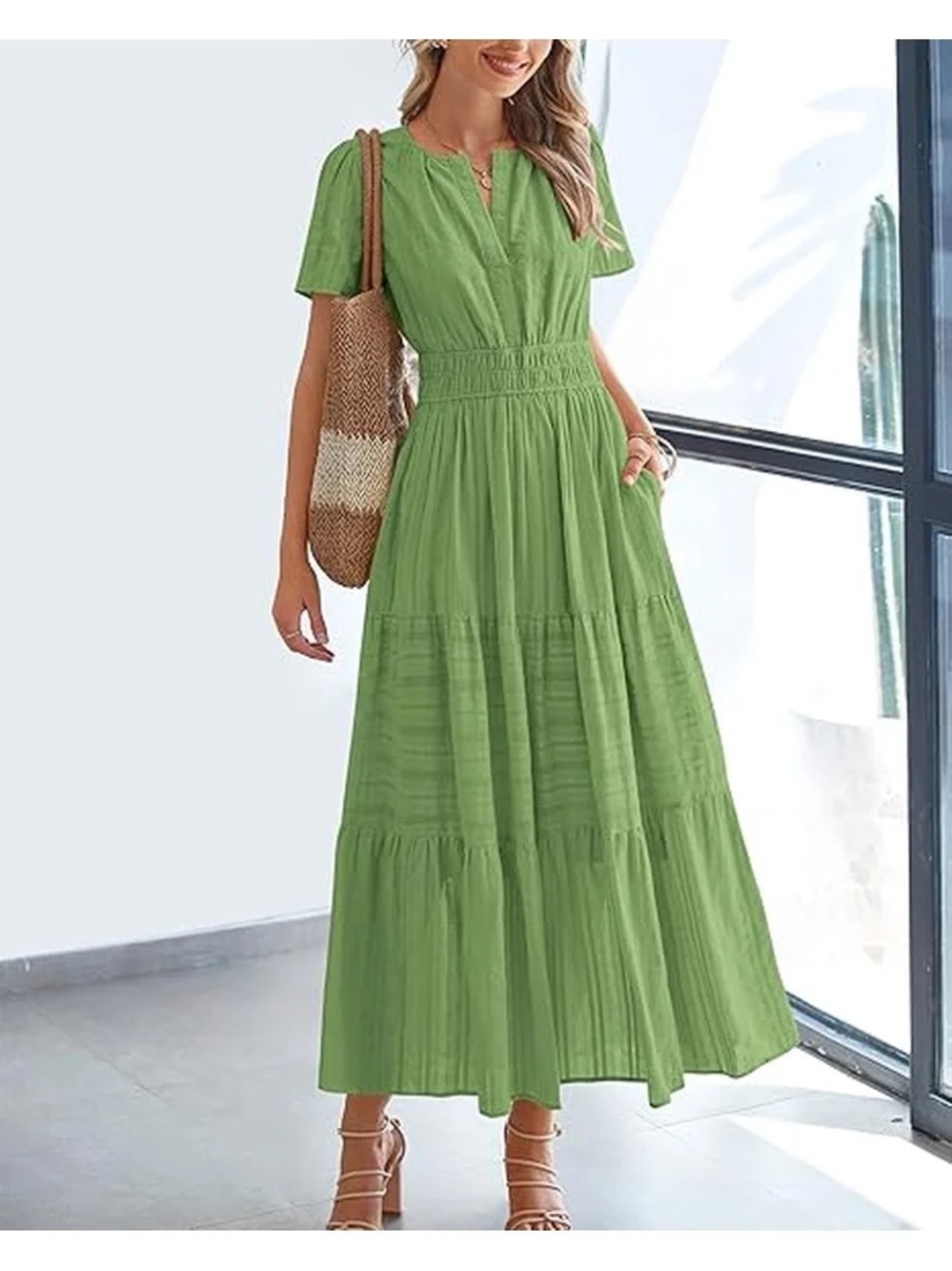 BTFBM Womens Summer Casual Midi Dresses Lightweight Short Sleeve V Neck L NWT